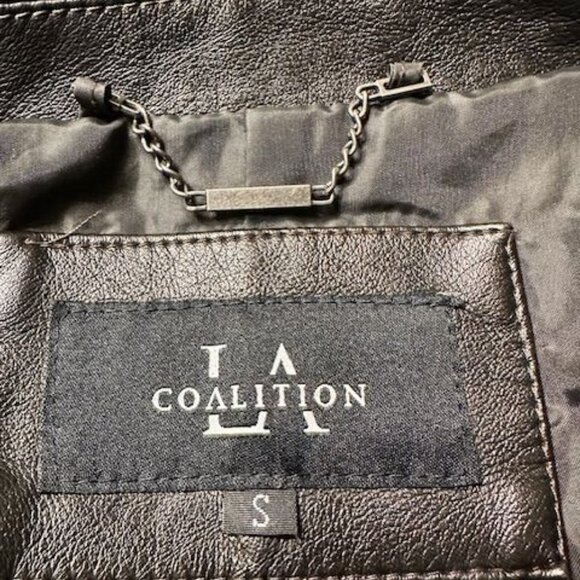 LA Coalition Dark Brown Faux Leather Moto Streetwear Edgy Tan Stitching Jacket S - Picture 7 of 9